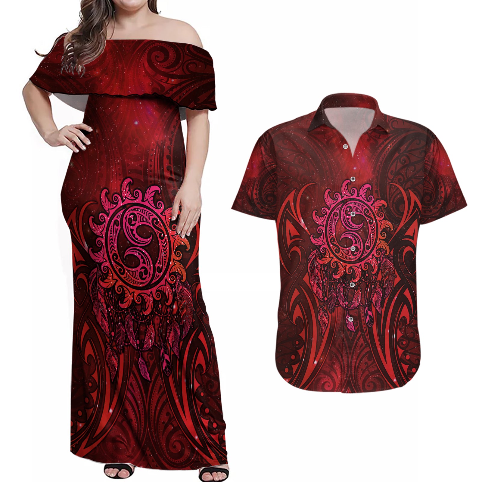 New Zealand Dream Catcher Couples Matching Off Shoulder Maxi Dress and Hawaiian Shirt Maori Koru Pattern Red Version