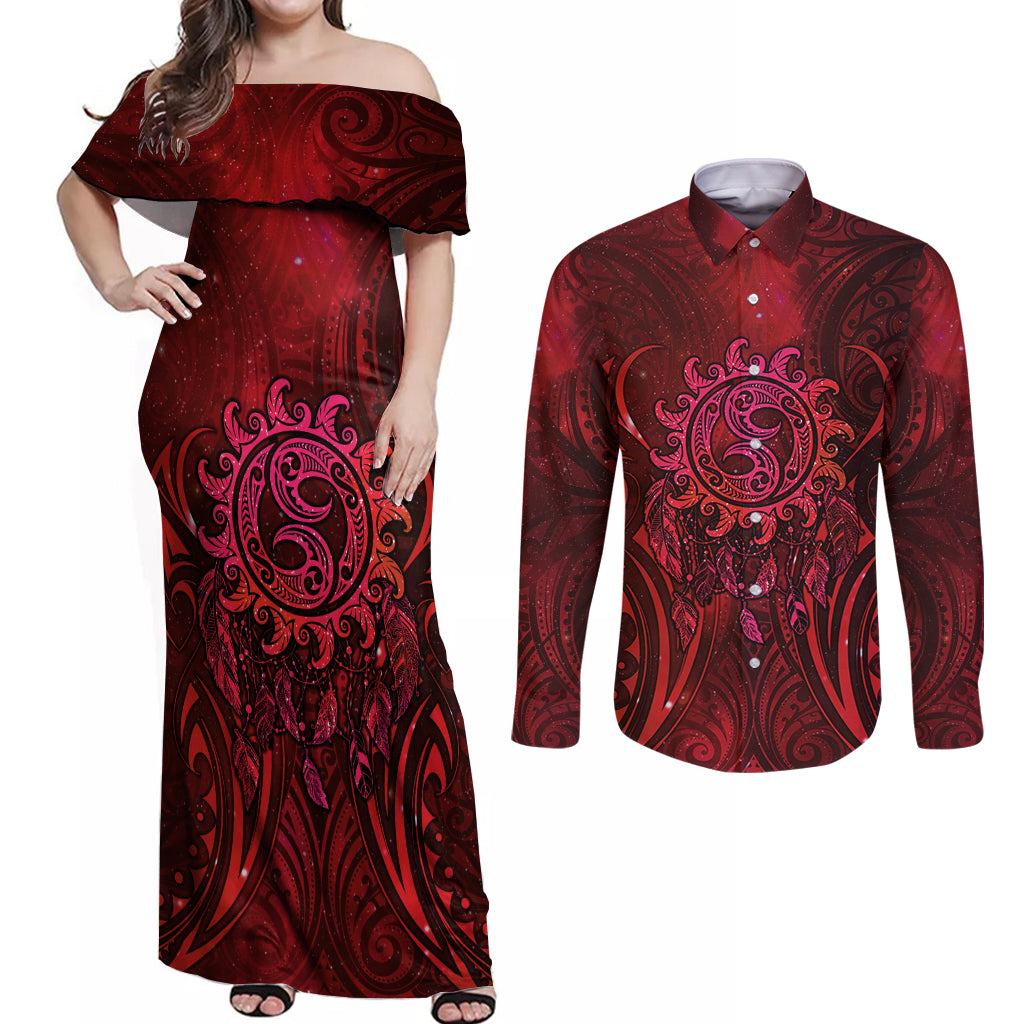 New Zealand Dream Catcher Couples Matching Off Shoulder Maxi Dress and Long Sleeve Button Shirt Maori Koru Pattern Red Version LT05 Red - Polynesian Pride