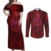 New Zealand Dream Catcher Couples Matching Off Shoulder Maxi Dress and Long Sleeve Button Shirt Maori Koru Pattern Red Version LT05 Red - Polynesian Pride