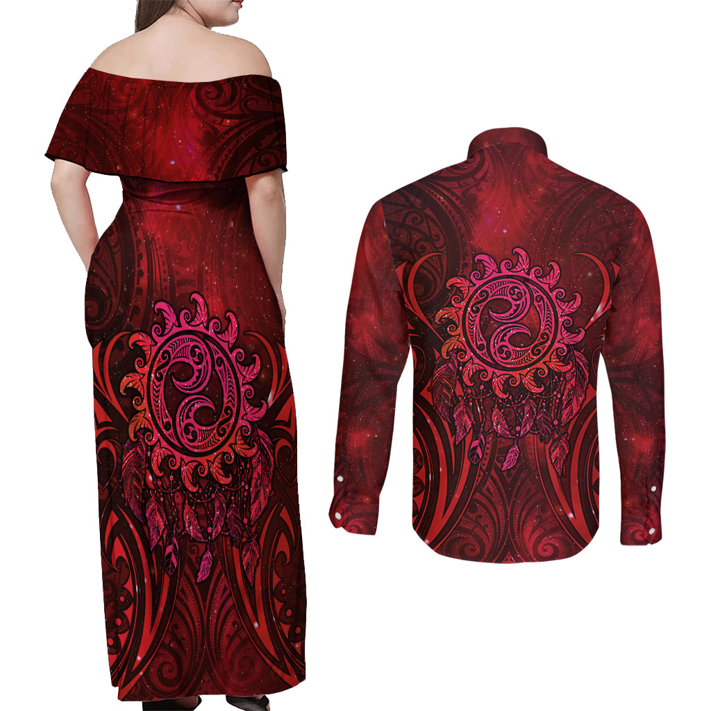 New Zealand Dream Catcher Couples Matching Off Shoulder Maxi Dress and Long Sleeve Button Shirt Maori Koru Pattern Red Version LT05 - Polynesian Pride