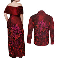 New Zealand Dream Catcher Couples Matching Off Shoulder Maxi Dress and Long Sleeve Button Shirt Maori Koru Pattern Red Version LT05 - Polynesian Pride
