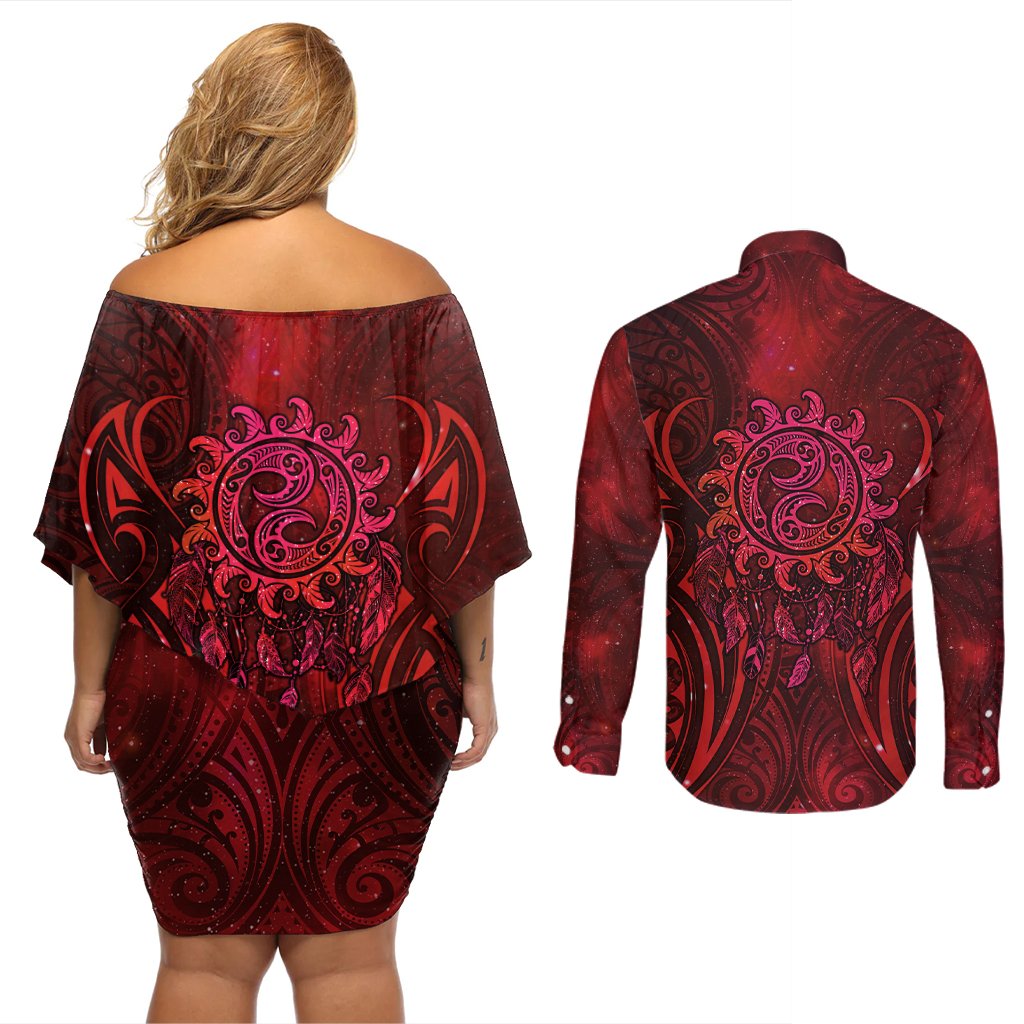 New Zealand Dream Catcher Couples Matching Off Shoulder Short Dress and Long Sleeve Button Shirt Maori Koru Pattern Red Version LT05 - Polynesian Pride