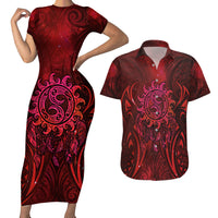 New Zealand Dream Catcher Couples Matching Short Sleeve Bodycon Dress and Hawaiian Shirt Maori Koru Pattern Red Version LT05 Red - Polynesian Pride