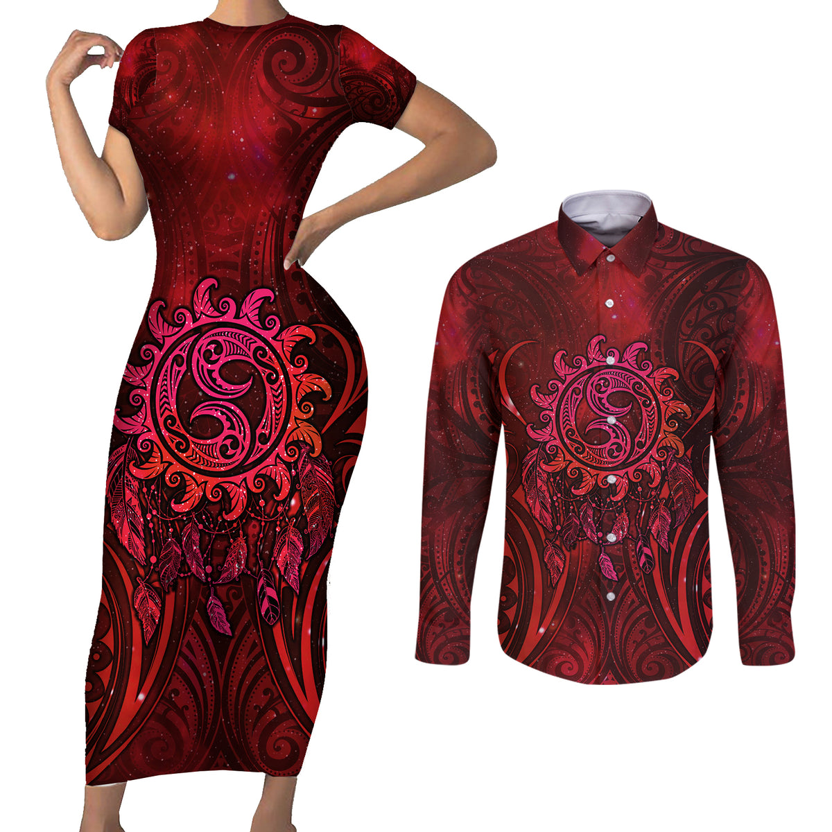 New Zealand Dream Catcher Couples Matching Short Sleeve Bodycon Dress and Long Sleeve Button Shirt Maori Koru Pattern Red Version