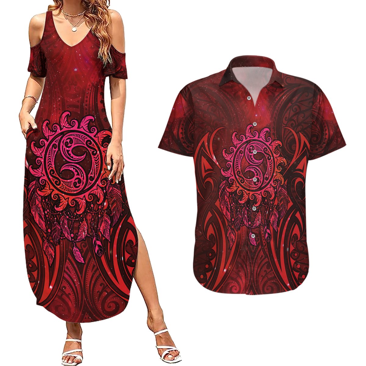 New Zealand Dream Catcher Couples Matching Summer Maxi Dress and Hawaiian Shirt Maori Koru Pattern Red Version LT05 Red - Polynesian Pride