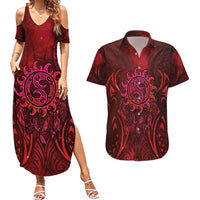 New Zealand Dream Catcher Couples Matching Summer Maxi Dress and Hawaiian Shirt Maori Koru Pattern Red Version LT05 Red - Polynesian Pride