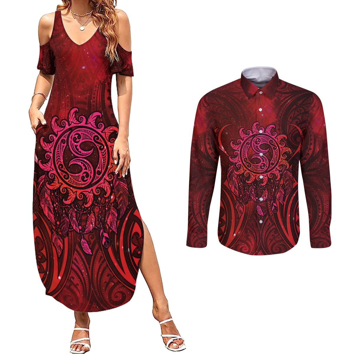 New Zealand Dream Catcher Couples Matching Summer Maxi Dress and Long Sleeve Button Shirt Maori Koru Pattern Red Version LT05 Red - Polynesian Pride