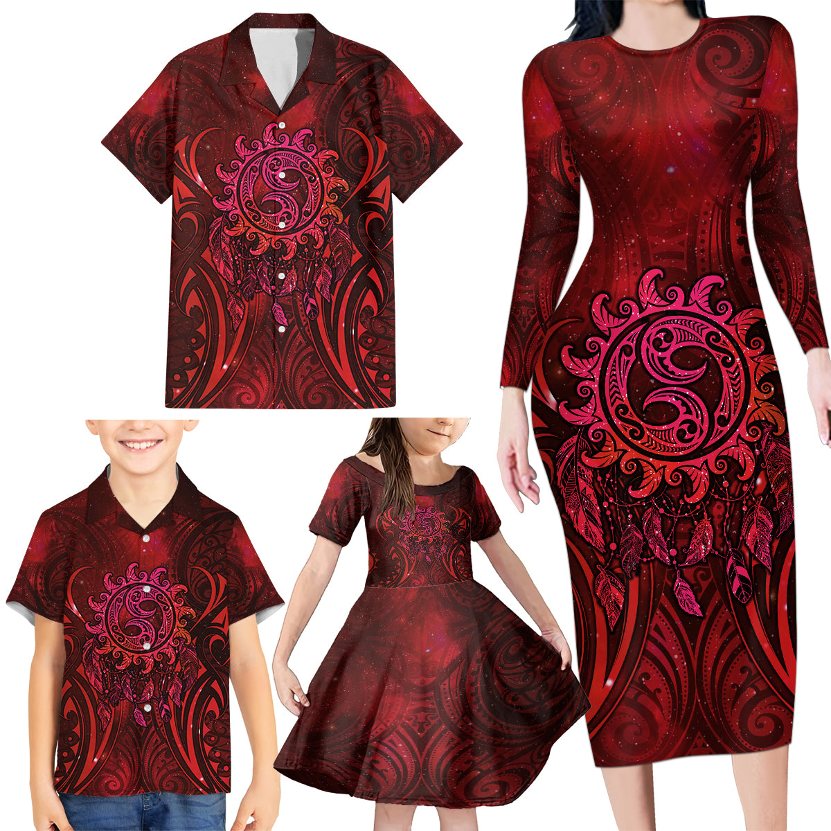 New Zealand Dream Catcher Family Matching Long Sleeve Bodycon Dress and Hawaiian Shirt Maori Koru Pattern Red Version LT05 - Polynesian Pride