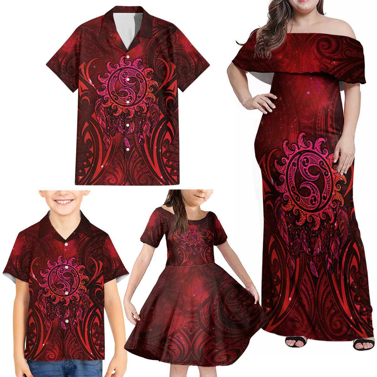 New Zealand Dream Catcher Family Matching Off Shoulder Maxi Dress and Hawaiian Shirt Maori Koru Pattern Red Version