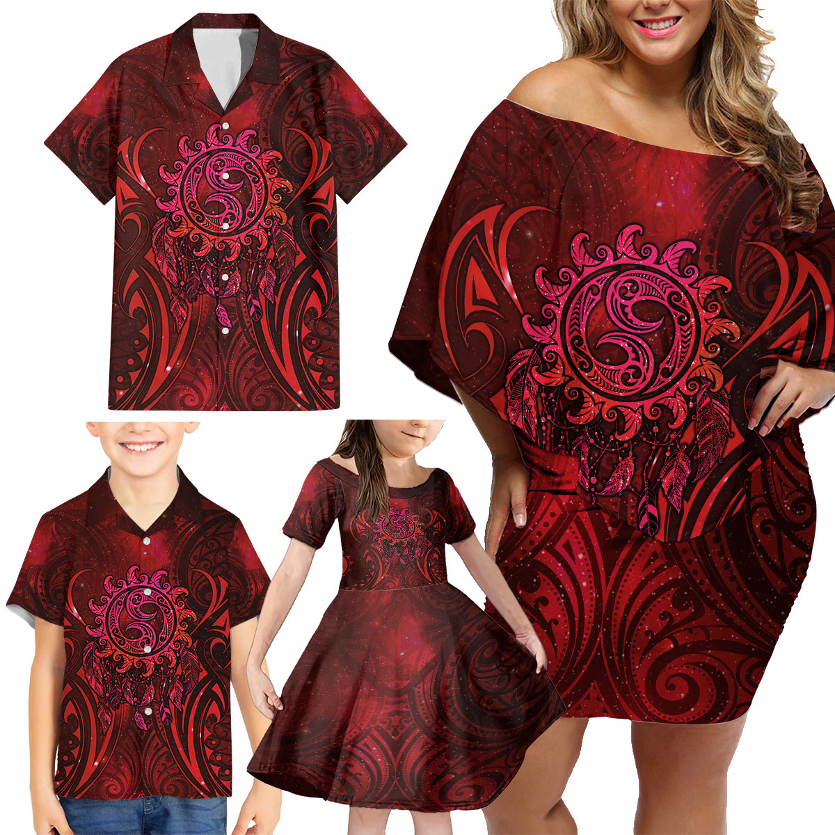 New Zealand Dream Catcher Family Matching Off Shoulder Short Dress and Hawaiian Shirt Maori Koru Pattern Red Version