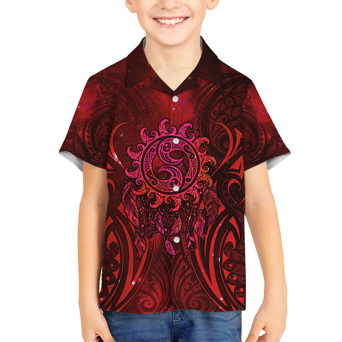 New Zealand Dream Catcher Family Matching Off Shoulder Short Dress and Hawaiian Shirt Maori Koru Pattern Red Version
