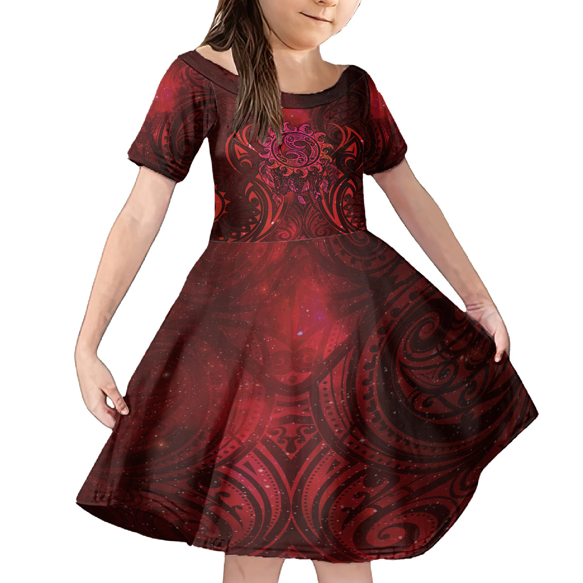 New Zealand Dream Catcher Family Matching Puletasi and Hawaiian Shirt Maori Koru Pattern Red Version LT05 Daughter's Dress Red - Polynesian Pride