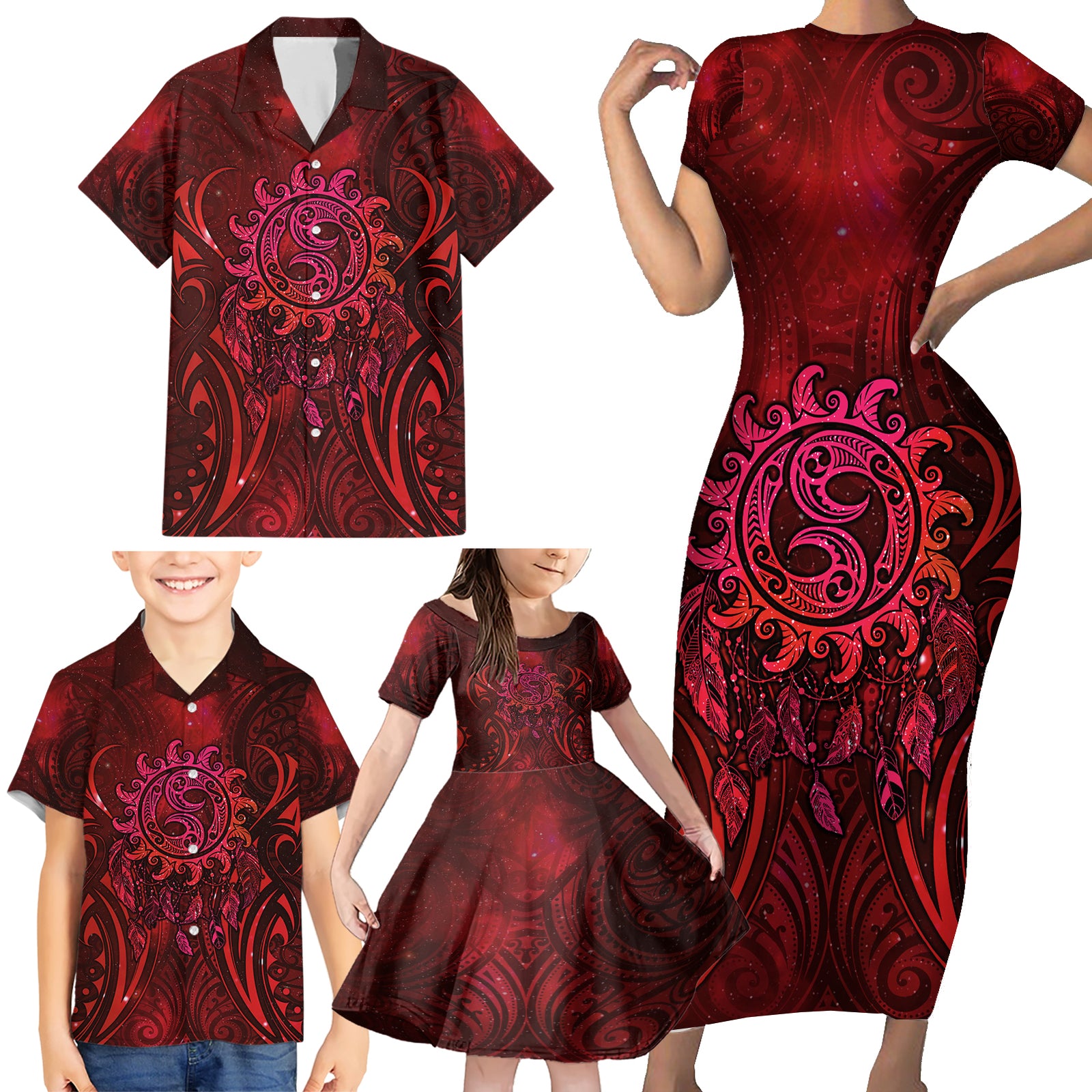New Zealand Dream Catcher Family Matching Short Sleeve Bodycon Dress and Hawaiian Shirt Maori Koru Pattern Red Version LT05 - Polynesian Pride