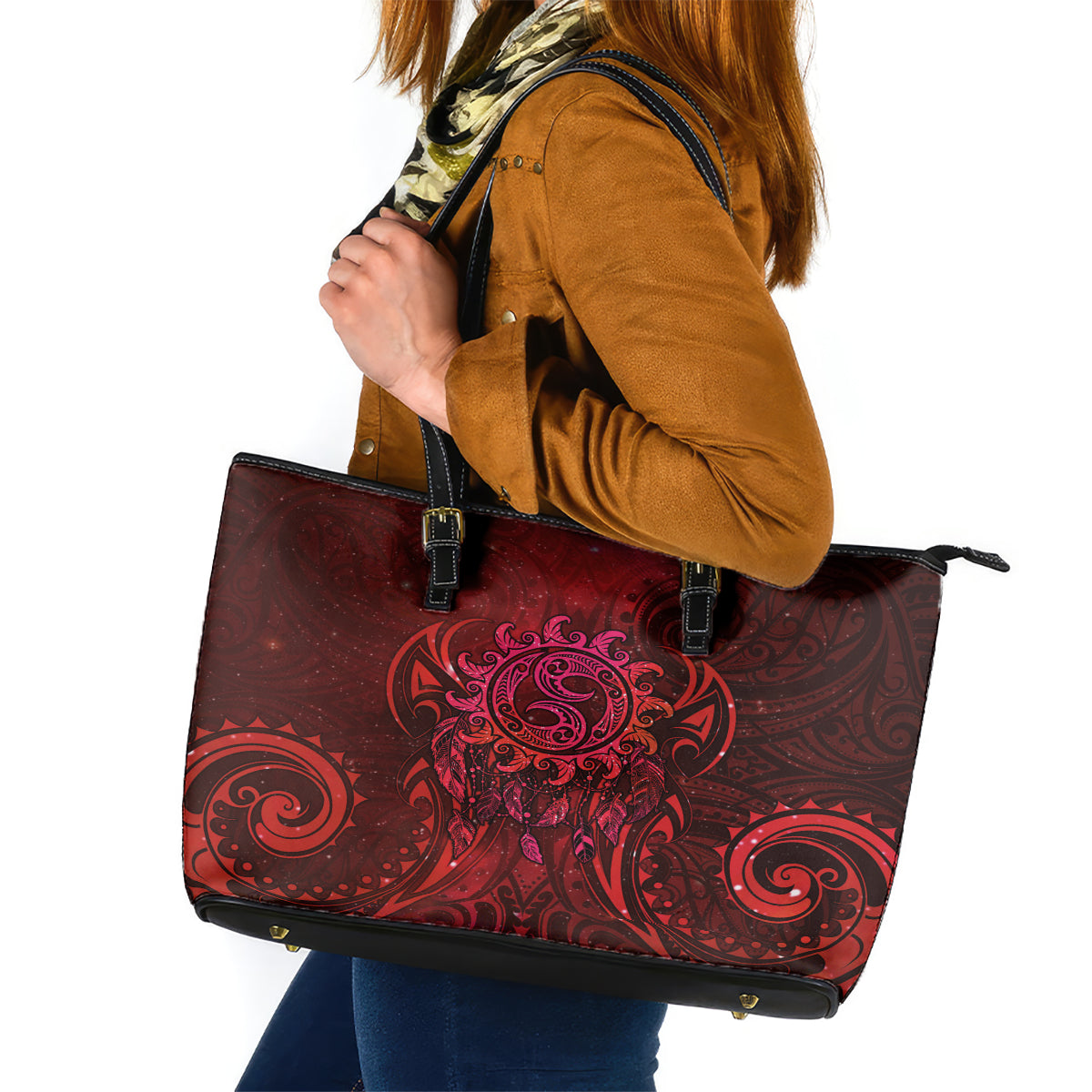 New Zealand Dream Catcher Leather Tote Bag Maori Koru Pattern Red Version LT05 Red - Polynesian Pride
