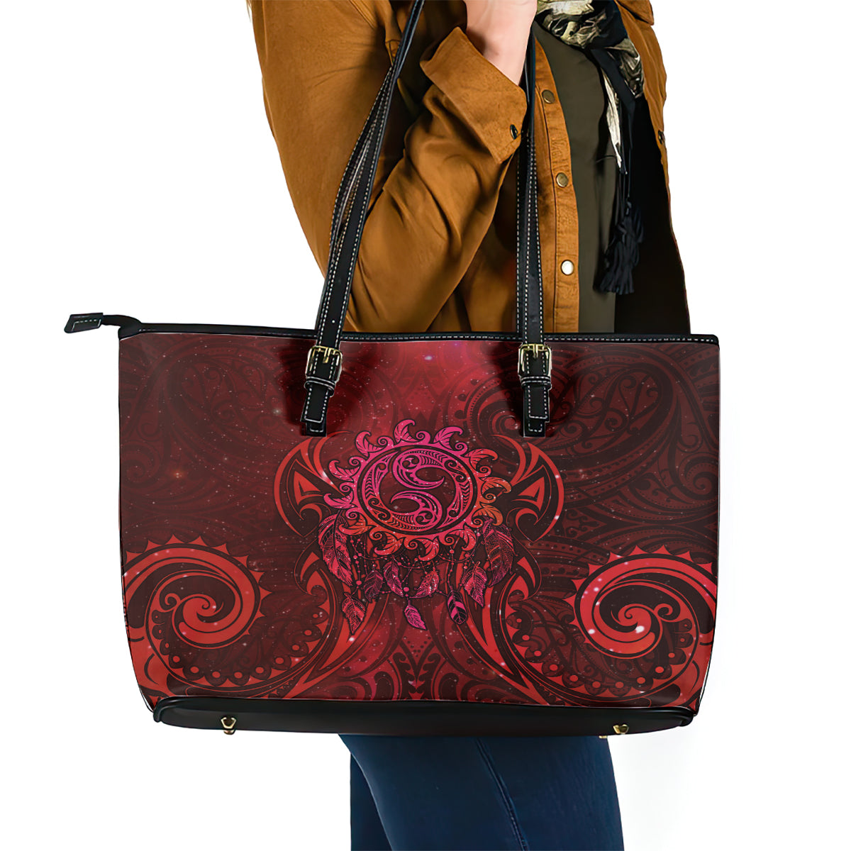 New Zealand Dream Catcher Leather Tote Bag Maori Koru Pattern Red Version LT05 - Polynesian Pride