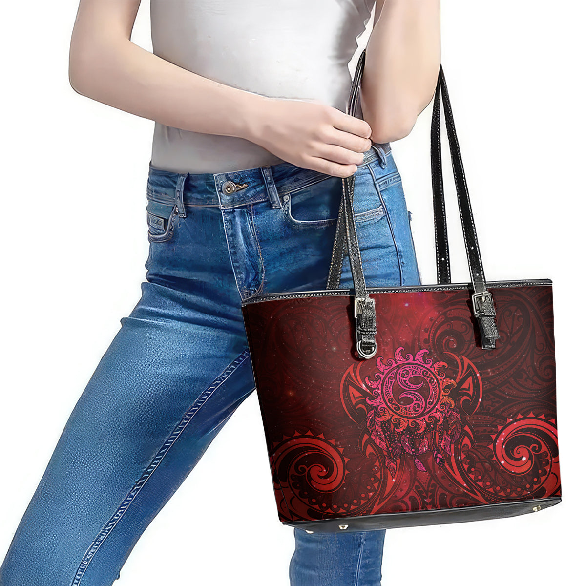 New Zealand Dream Catcher Leather Tote Bag Maori Koru Pattern Red Version LT05 - Polynesian Pride