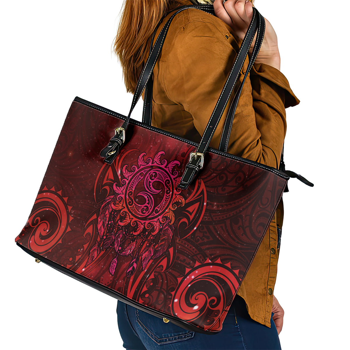 New Zealand Dream Catcher Leather Tote Bag Maori Koru Pattern Red Version LT05 - Polynesian Pride