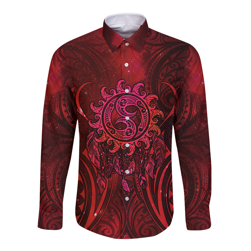 New Zealand Dream Catcher Long Sleeve Button Shirt Maori Koru Pattern Red Version