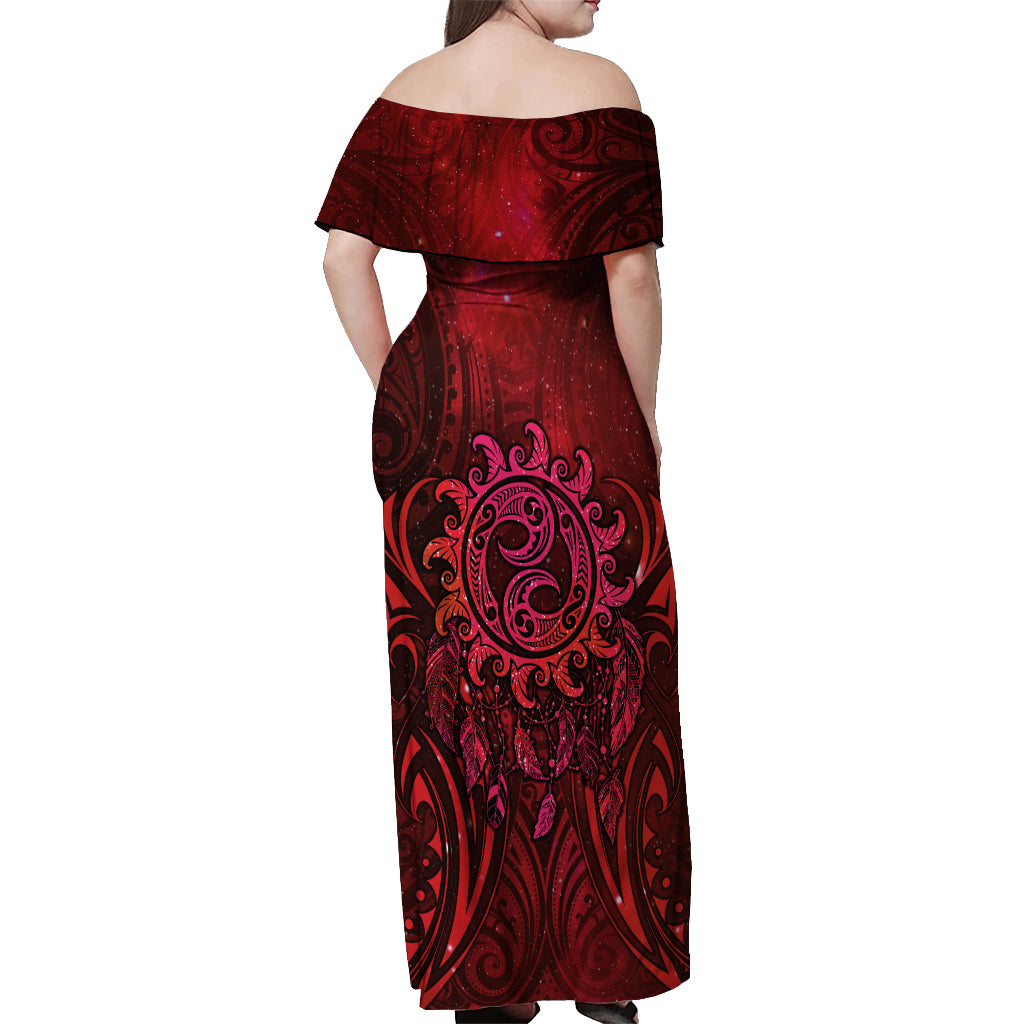 New Zealand Dream Catcher Off Shoulder Maxi Dress Maori Koru Pattern Red Version