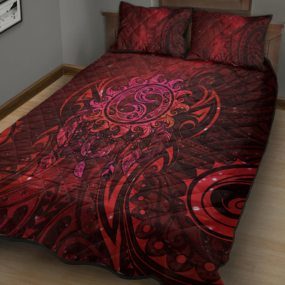 New Zealand Dream Catcher Quilt Bed Set Maori Koru Pattern Red Version