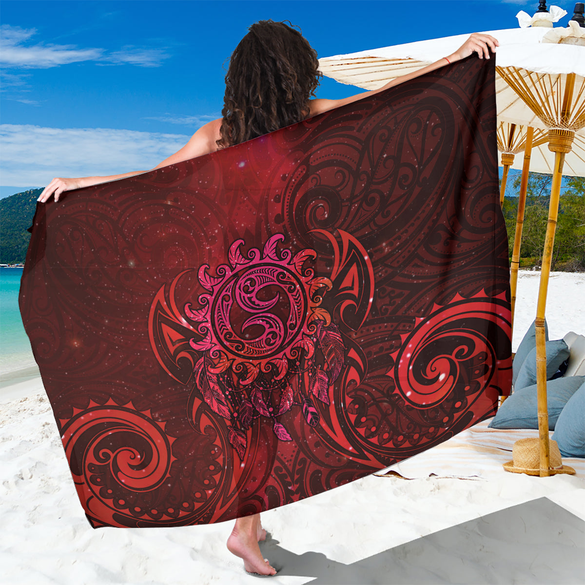 New Zealand Dream Catcher Sarong Maori Koru Pattern Red Version