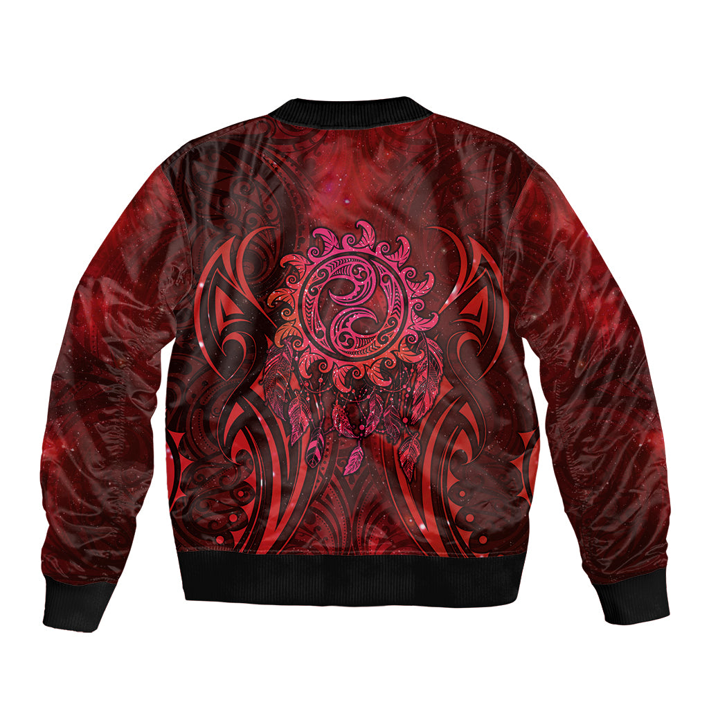New Zealand Dream Catcher Sleeve Zip Bomber Jacket Maori Koru Pattern Red Version LT05 - Polynesian Pride