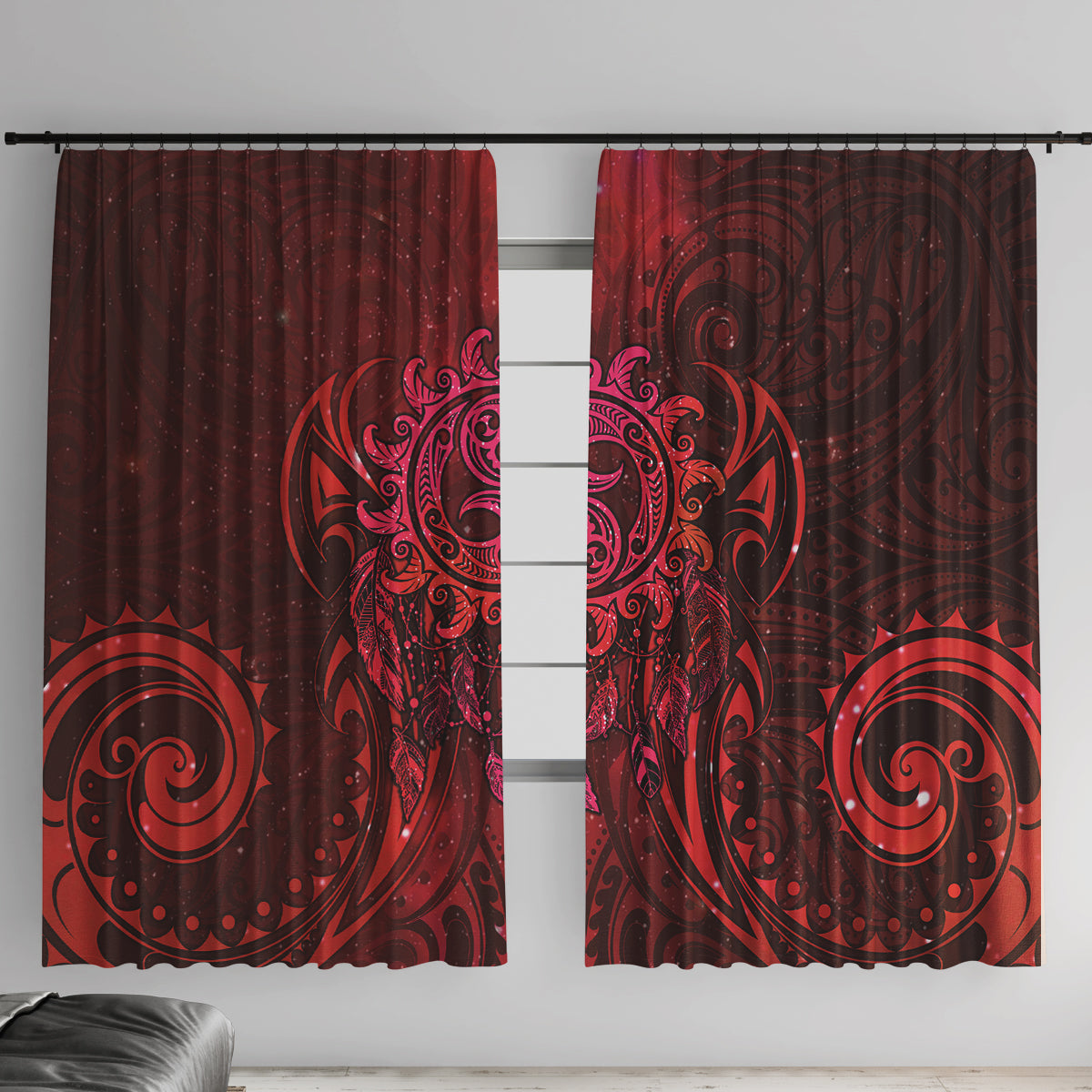 New Zealand Dream Catcher Window Curtain Maori Koru Pattern Red Version LT05 With Hooks Red - Polynesian Pride