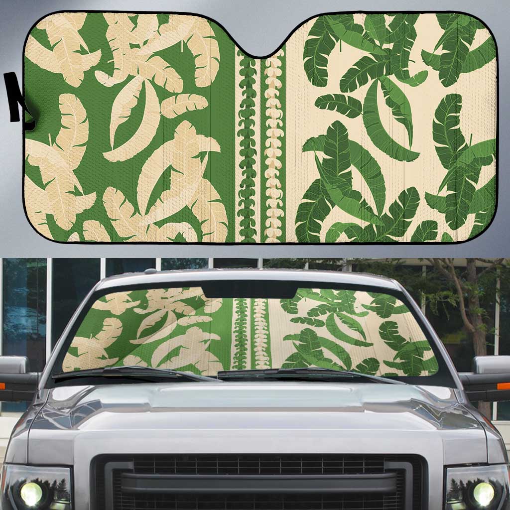 Hawaii Pua Kenikeni Lei Auto Sun Shade With Lau Maia Green LT05 Green - Polynesian Pride