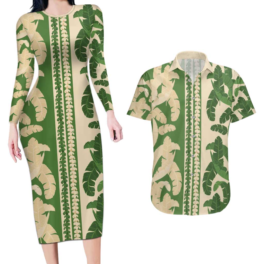 Hawaii Pua Kenikeni Lei Couples Matching Long Sleeve Bodycon Dress and Hawaiian Shirt With Lau Maia Green