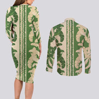 Hawaii Pua Kenikeni Lei Couples Matching Long Sleeve Bodycon Dress and Long Sleeve Button Shirt With Lau Maia Green