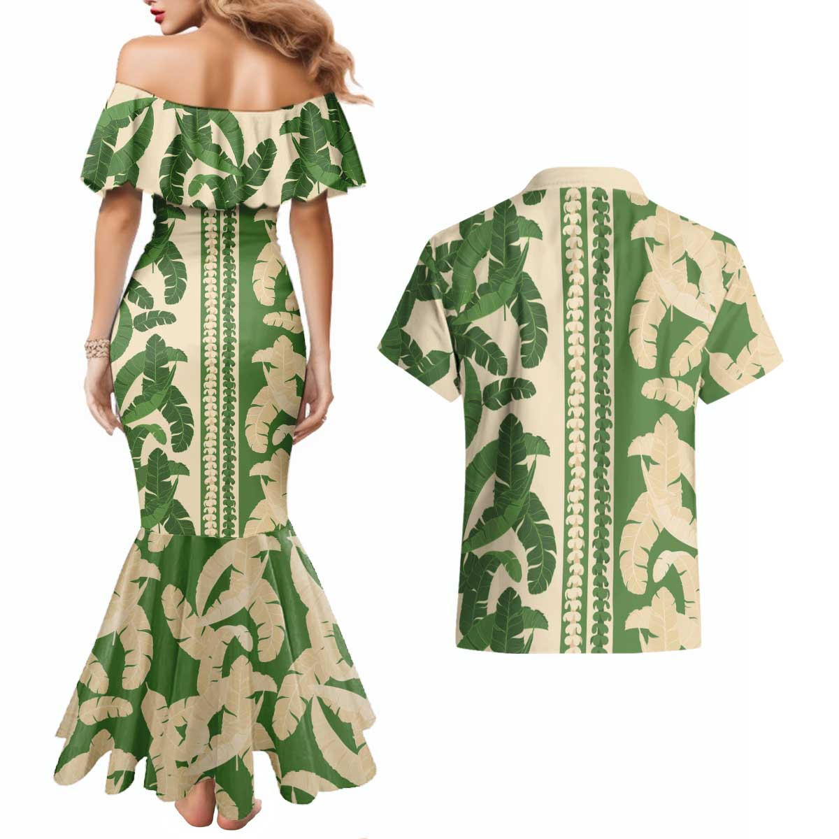 Hawaii Pua Kenikeni Lei Couples Matching Mermaid Dress and Hawaiian Shirt With Lau Maia Green