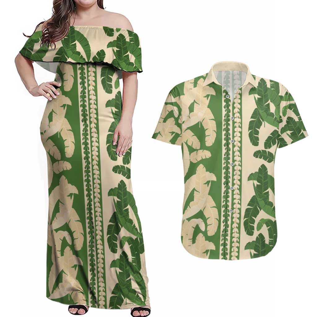 Hawaii Pua Kenikeni Lei Couples Matching Off Shoulder Maxi Dress and Hawaiian Shirt With Lau Maia Green