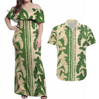 Hawaii Pua Kenikeni Lei Couples Matching Off Shoulder Maxi Dress and Hawaiian Shirt With Lau Maia Green
