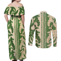 Hawaii Pua Kenikeni Lei Couples Matching Off Shoulder Maxi Dress and Long Sleeve Button Shirt With Lau Maia Green