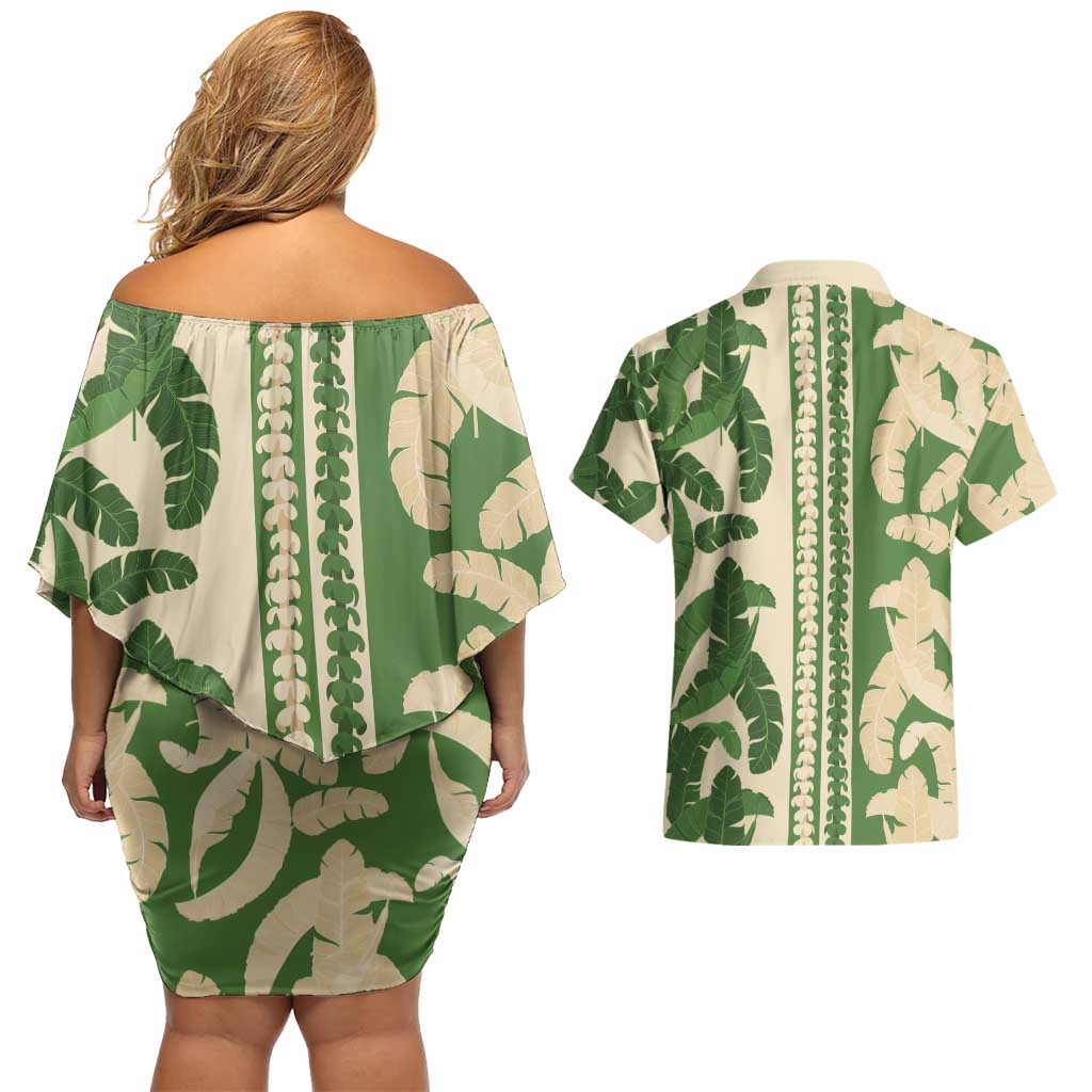 Hawaii Pua Kenikeni Lei Couples Matching Off Shoulder Short Dress and Hawaiian Shirt With Lau Maia Green
