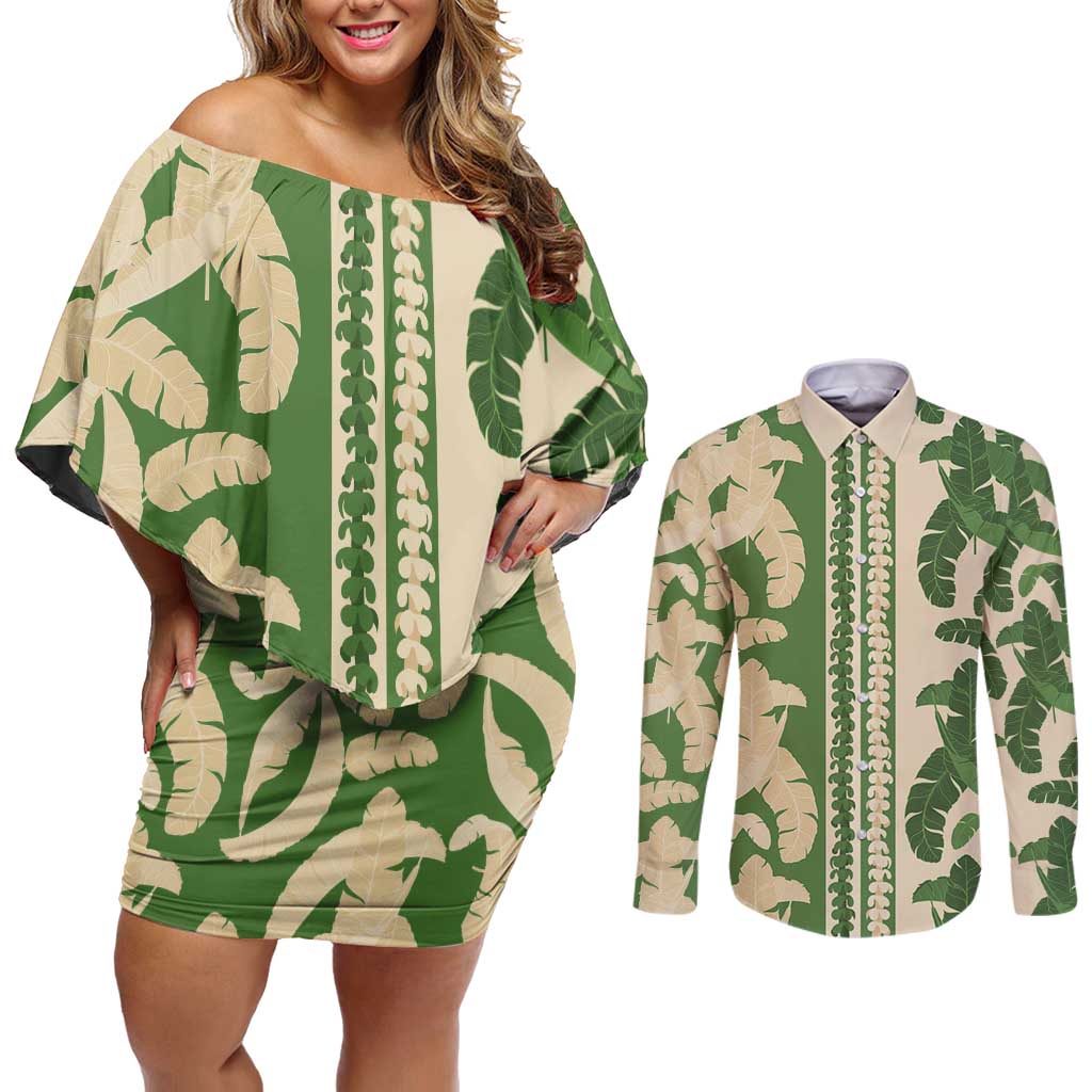 Hawaii Pua Kenikeni Lei Couples Matching Off Shoulder Short Dress and Long Sleeve Button Shirt With Lau Maia Green LT05 Green - Polynesian Pride