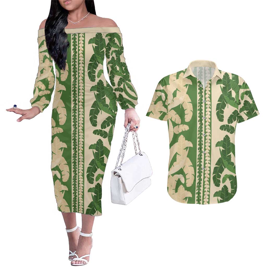 Hawaii Pua Kenikeni Lei Couples Matching Off The Shoulder Long Sleeve Dress and Hawaiian Shirt With Lau Maia Green LT05 Green - Polynesian Pride