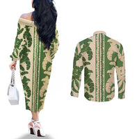 Hawaii Pua Kenikeni Lei Couples Matching Off The Shoulder Long Sleeve Dress and Long Sleeve Button Shirt With Lau Maia Green