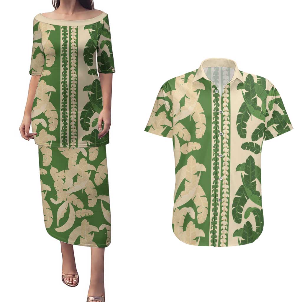 Hawaii Pua Kenikeni Lei Couples Matching Puletasi and Hawaiian Shirt With Lau Maia Green LT05 Green - Polynesian Pride