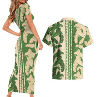Hawaii Pua Kenikeni Lei Couples Matching Short Sleeve Bodycon Dress and Hawaiian Shirt With Lau Maia Green
