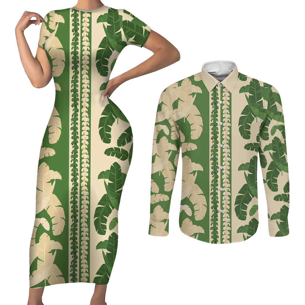 Hawaii Pua Kenikeni Lei Couples Matching Short Sleeve Bodycon Dress and Long Sleeve Button Shirt With Lau Maia Green