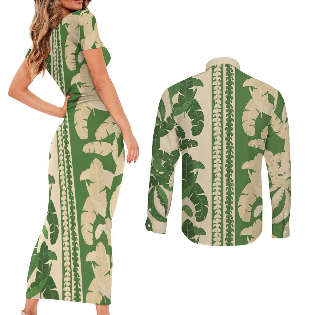 Hawaii Pua Kenikeni Lei Couples Matching Short Sleeve Bodycon Dress and Long Sleeve Button Shirt With Lau Maia Green