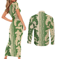 Hawaii Pua Kenikeni Lei Couples Matching Short Sleeve Bodycon Dress and Long Sleeve Button Shirt With Lau Maia Green