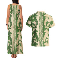 Hawaii Pua Kenikeni Lei Couples Matching Tank Maxi Dress and Hawaiian Shirt With Lau Maia Green
