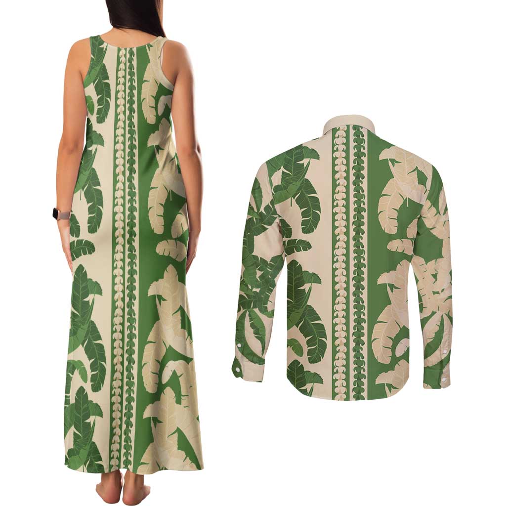 Hawaii Pua Kenikeni Lei Couples Matching Tank Maxi Dress and Long Sleeve Button Shirt With Lau Maia Green