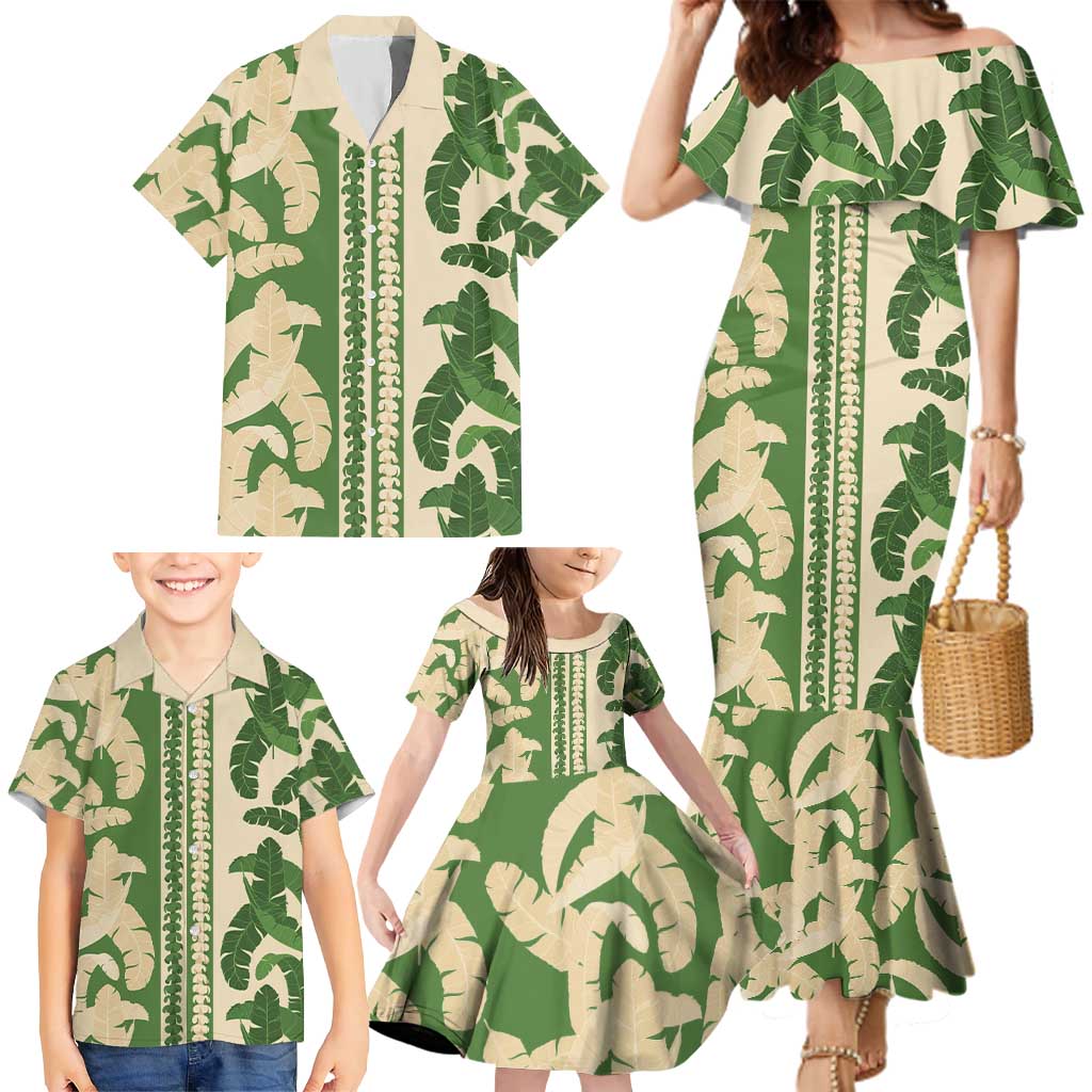 Hawaii Pua Kenikeni Lei Family Matching Mermaid Dress and Hawaiian Shirt With Lau Maia Green