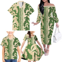 Hawaii Pua Kenikeni Lei Family Matching Off The Shoulder Long Sleeve Dress and Hawaiian Shirt With Lau Maia Green