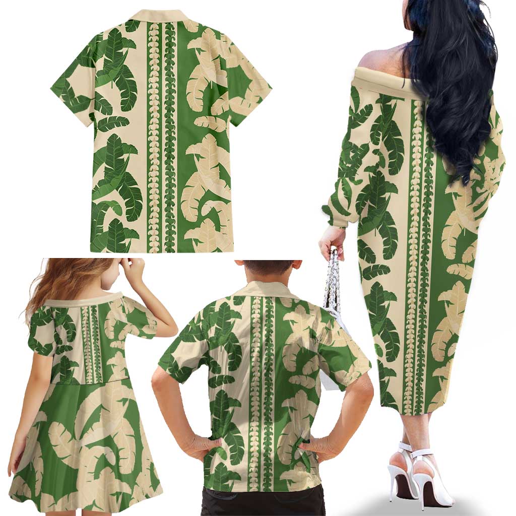 Hawaii Pua Kenikeni Lei Family Matching Off The Shoulder Long Sleeve Dress and Hawaiian Shirt With Lau Maia Green