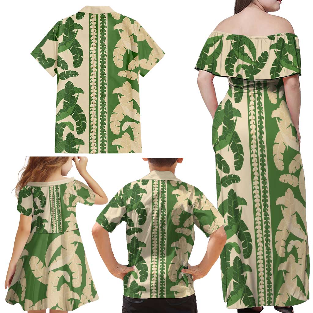 Hawaii Pua Kenikeni Lei Family Matching Off Shoulder Maxi Dress and Hawaiian Shirt With Lau Maia Green