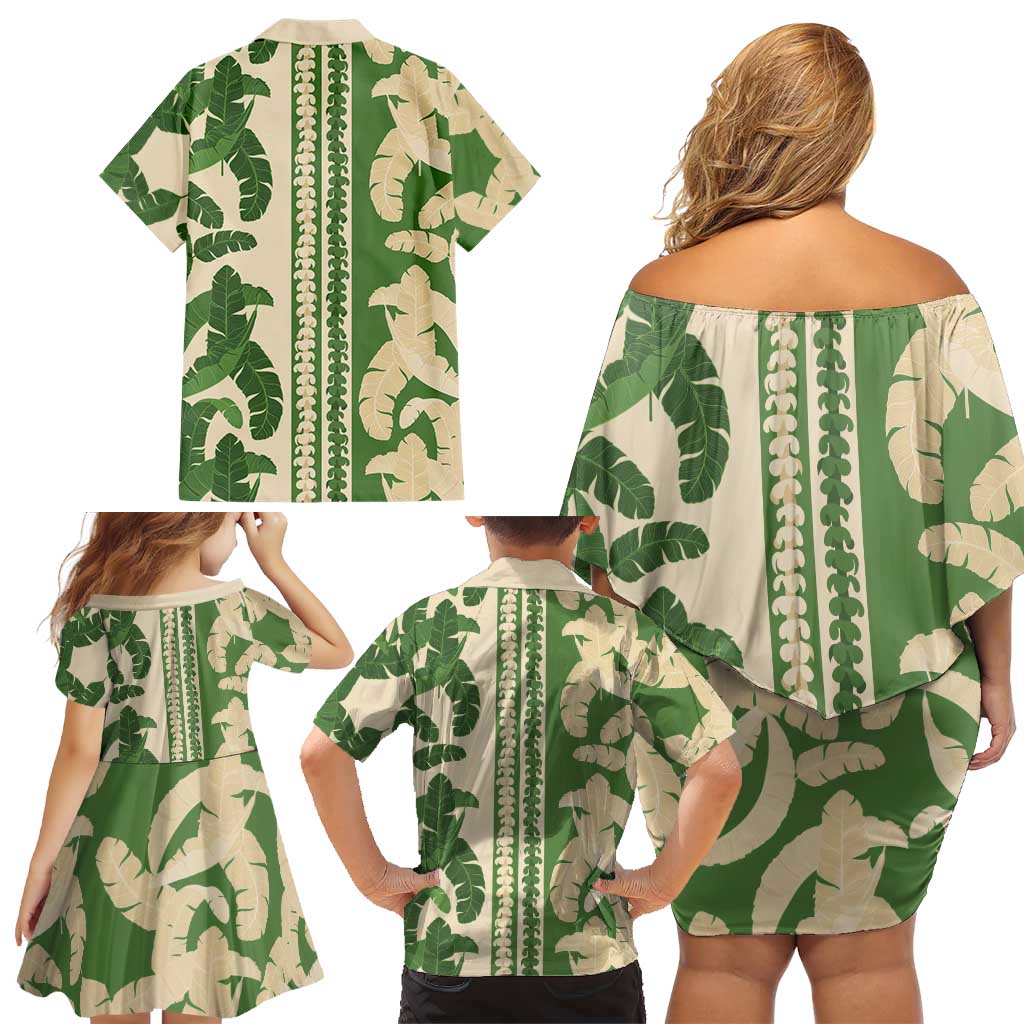Hawaii Pua Kenikeni Lei Family Matching Off Shoulder Short Dress and Hawaiian Shirt With Lau Maia Green